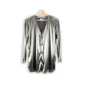 80s Vintage Silver Shirt- Retro 1980s Top - Made in USA - M